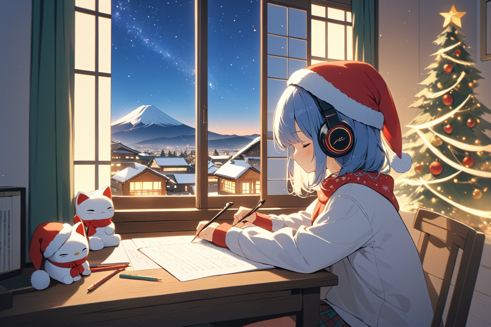 An illustration of a LOFI girl in a Christmas atmosphere, studying by a window in the early morning, in a style that can be either semi-realistic or anime. She is shown in profile, looking down at her homework with her right hand writing. She's wearing headphones and a Christmas hat, immersed in her music. Beside her is a Japanese Maneki-neko (lucky cat) with its left paw raised. The room has a cozy, festive ambiance. Outside the window, there's a view of Mount Fuji, a cluster of small houses, and numerous Christmas trees, capturing the essence of a Christmas morning. The image is ideal for a LOFI music background, ,lofi,more detail XL