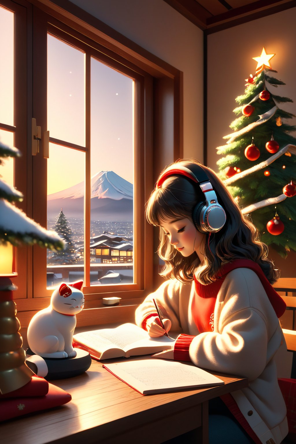 An illustration of a LOFI girl in a Christmas atmosphere, studying by a window in the early morning, in a style that can be either semi-realistic or anime. She is shown in profile, looking down at her homework with her right hand writing. She's wearing headphones and a Christmas hat, immersed in her music. Beside her is a Japanese Maneki-neko (lucky cat) with its left paw raised. The room has a cozy, festive ambiance. Outside the window, there's a view of Mount Fuji, a cluster of small houses, and numerous Christmas trees, capturing the essence of a Christmas morning. The image is ideal for a LOFI music background, ,lofi,more detail XL