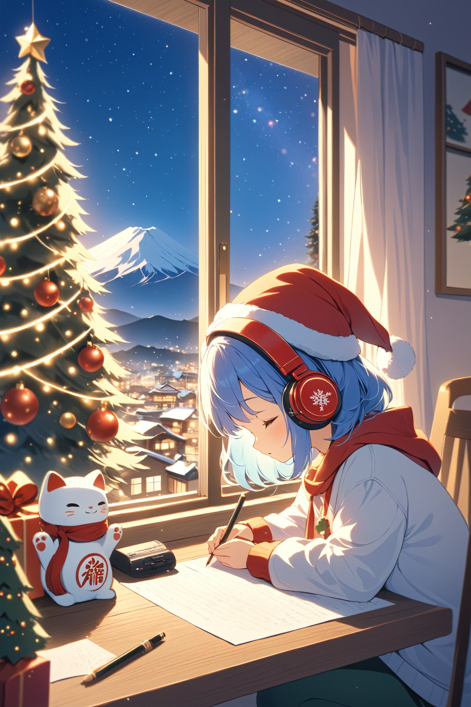 An illustration of a LOFI girl in a Christmas atmosphere, studying by a window in the early morning, in a style that can be either semi-realistic or anime. She is shown in profile, looking down at her homework with her right hand writing. She's wearing headphones and a Christmas hat, immersed in her music. Beside her is a Japanese Maneki-neko (lucky cat) with its left paw raised. The room has a cozy, festive ambiance. Outside the window, there's a view of Mount Fuji, a cluster of small houses, and numerous Christmas trees, capturing the essence of a Christmas morning. The image is ideal for a LOFI music background, ,lofi,more detail XL