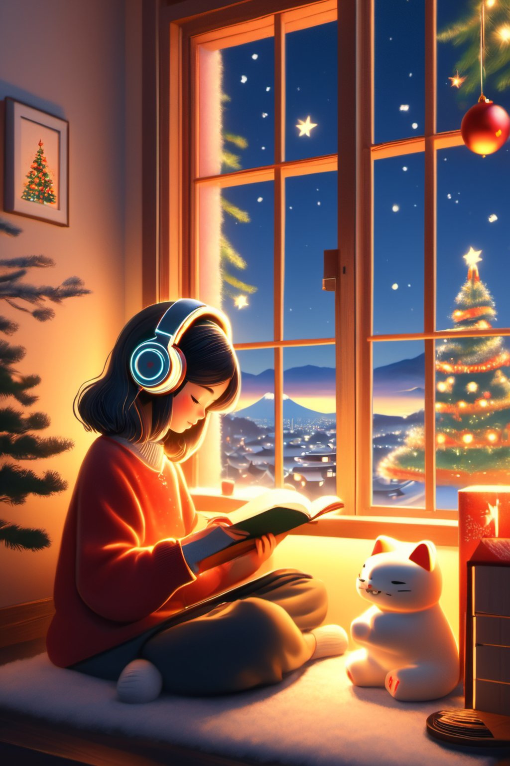 An illustration of a LOFI girl in a Christmas atmosphere, studying by a window in the early morning, in a style that can be either semi-realistic or anime. She is shown in profile, looking down at her homework with her right hand writing. She's wearing headphones and a Christmas hat, immersed in her music. Beside her is a Japanese Maneki-neko (lucky cat) with its left paw raised. The room has a cozy, festive ambiance. Outside the window, there's a view of Mount Fuji, a cluster of small houses, and numerous Christmas trees, capturing the essence of a Christmas morning. The image is ideal for a LOFI music background, ,lofi,more detail XL