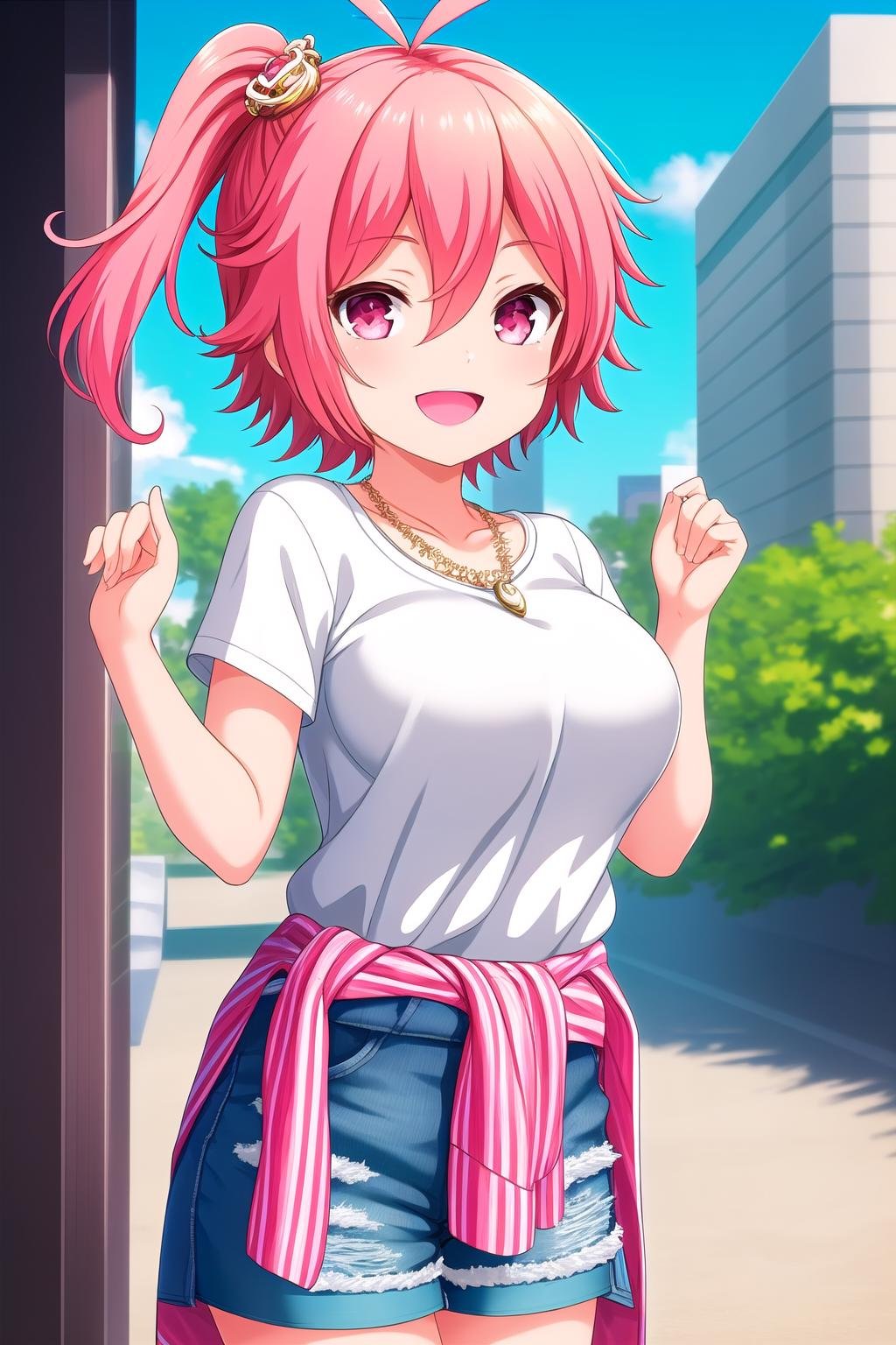 (masterpiece, best quality), highly detailed background, perfect lightingbest quality, takarasora, solo, outdoors, pink hair, antenna hair, side ponytail, hair ornament, hair between eyes, pink eyes, necklace, jewelry, breasts, white shirt, clothes around waist, blue shorts, denim shorts, smile, open mouth, :d, pink lips, <lora:Takara-Sora:0.7>