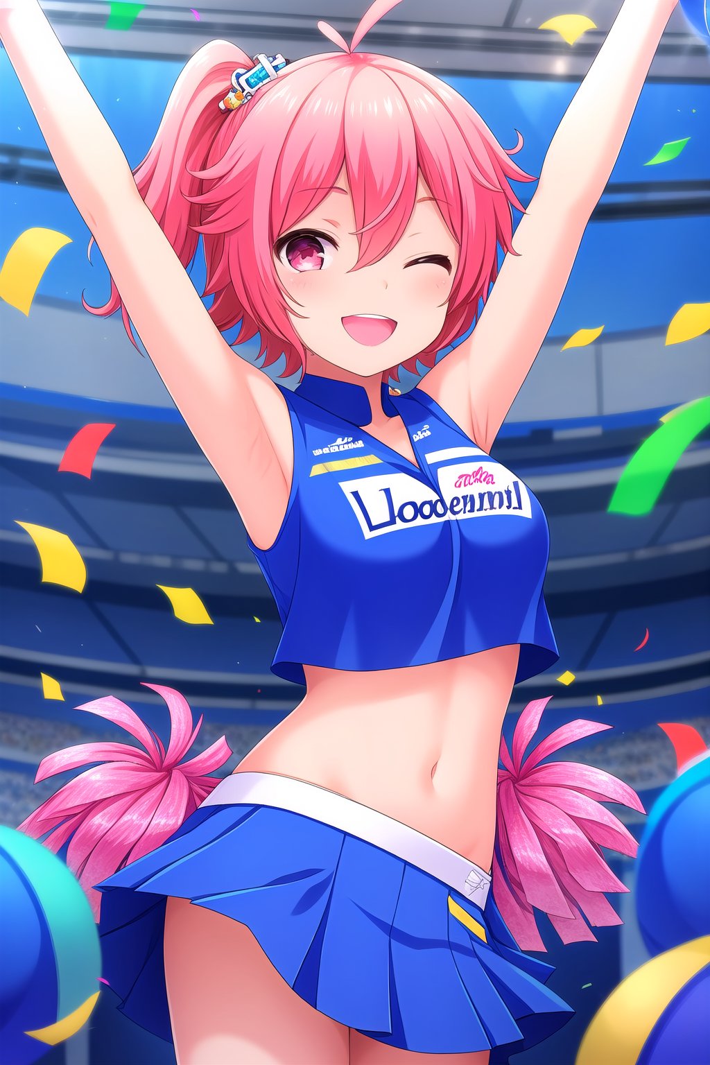 (masterpiece, best quality), highly detailed background, perfect lightingbest quality, takarasora, solo, outdoors, confetti, cheerleader, pink hair, antenna hair, side ponytail, hair ornament, hair between eyes, one eye closed, pink eyes, breasts, blue shirt, crop top, arm up, pom pom \(cheerleading\), blue skirt, miniskirt, smile, open mouth, ;d, pink lips, <lora:Takara-Sora:0.7>