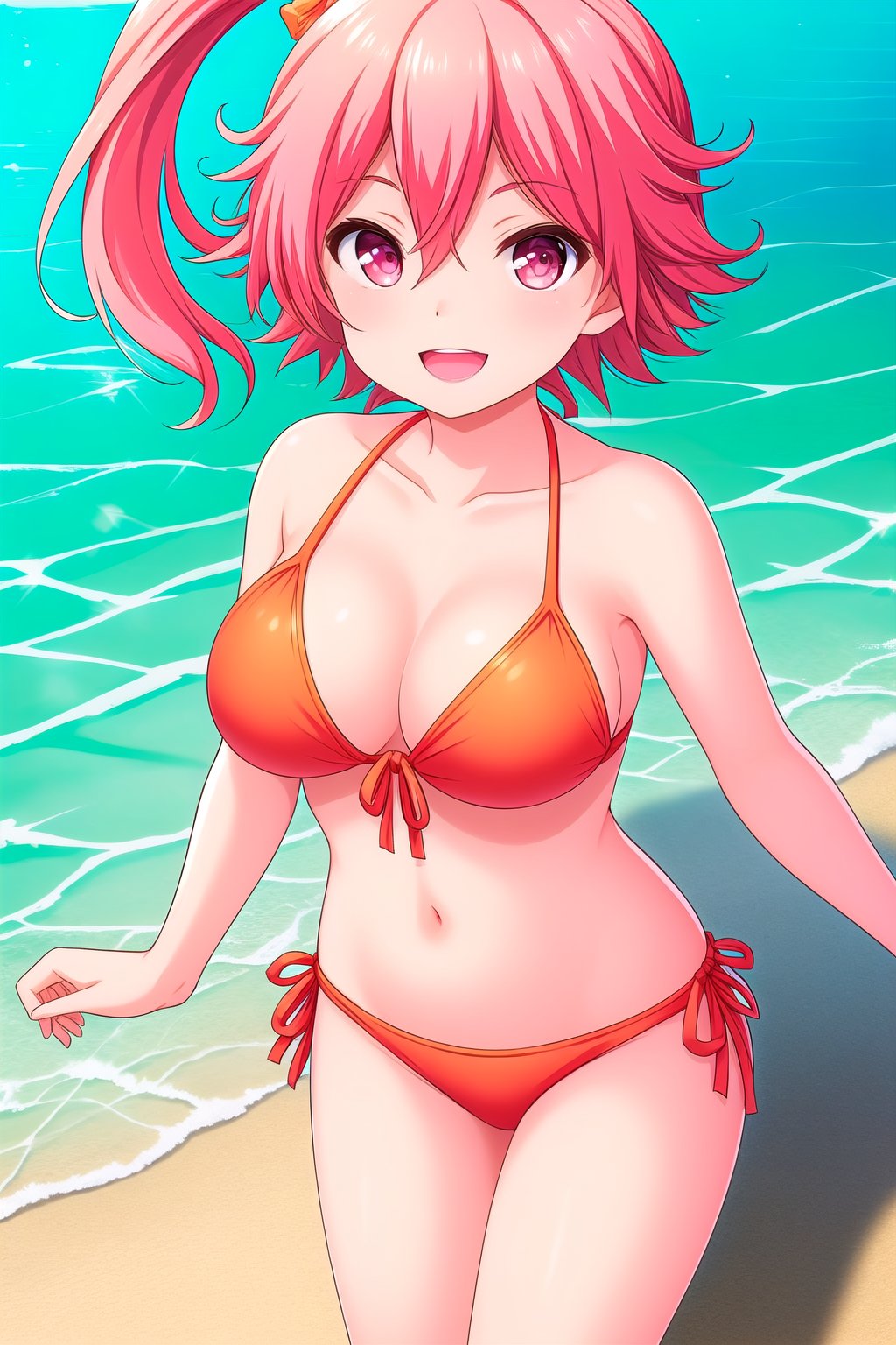 (masterpiece, best quality), highly detailed background, perfect lightingbest quality, takarasora, solo, outdoors, beach, pink hair, antenna hair, ponytail, hair between eyes, long hair, pink eyes, breasts, orange bikini, swimsuit, smile, open mouth, :d, pink lips, <lora:Takara-Sora:0.7>