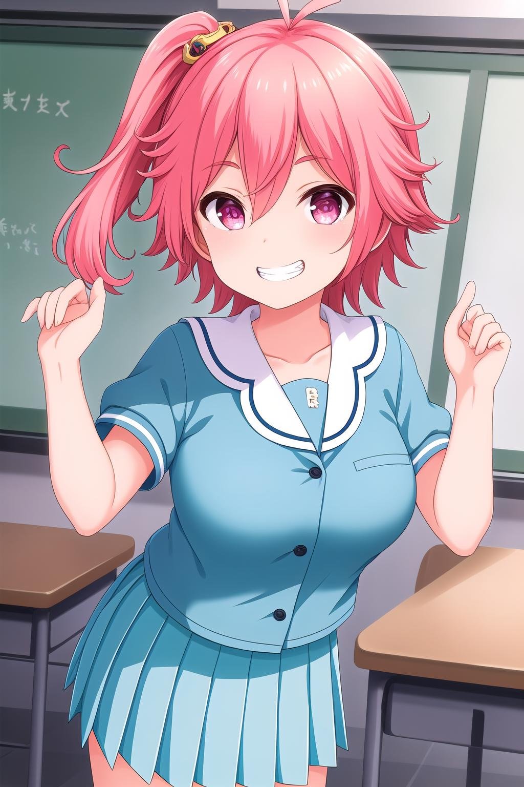 (masterpiece, best quality), highly detailed background, perfect lightingbest quality, takarasora, solo, indoors, classroom, pink hair, antenna hair, side ponytail, hair ornament, hair between eyes, short hair, pink eyes, breasts, blue serafuku, blue shirt, blue skirt, pleated skirt, school uniform, smile, grin, pink lips, <lora:Takara-Sora:0.7>