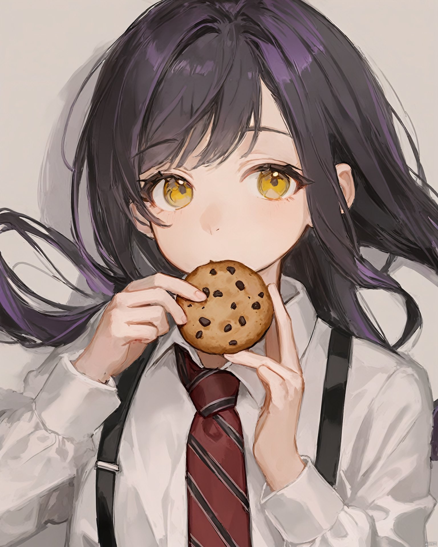  1girl,affinity_line,black_hair,collared_shirt,commentary,cookie,dress_shirt,eating,eleanor_(affinity_line),food,hair_over_shoulder,highres,holding,holding_cookie,holding_food,long_hair,long_sleeves,looking_at_viewer,multicolored_hair,necktie,plaid_necktie,purple_hair,red_necktie,shirt,sho_(sho_lwlw),solo,streaked_hair,suspenders,symbol-only_commentary,tie_clip,upper_body,white_shirt,yellow_eyes