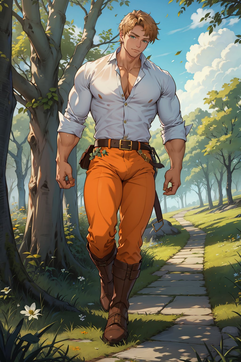 Boucheron,  photorealistic,  Undershirt,  Masterpiece,  High Quality,  Man,  White Shirt,  Gold Flowers on Shirt,  Belt,  Orange Pants,  Brown Boots,  Full Body,  Grassy Plains,  Thick Oak Trees Everywhere,  Pale leaves fluttering in the wind,  Muscular,  Broad Shoulders,  Large Biceps,  Masculine,  Great Lighting,  Huge Pectorals,  Huge Bulge in Crotch Area,<lora:EMS-252571-EMS:0.800000>