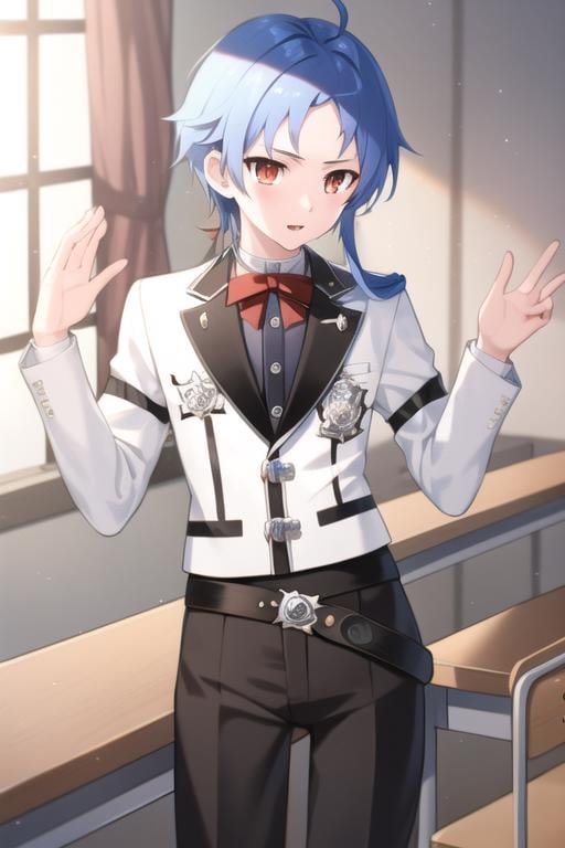 1boy, male focus, blue hair, red eyes, ranoa magic academy school uniform, pants, black pants, jacket, white jacket, school uniform, arm belt, belt, black belt, red collar