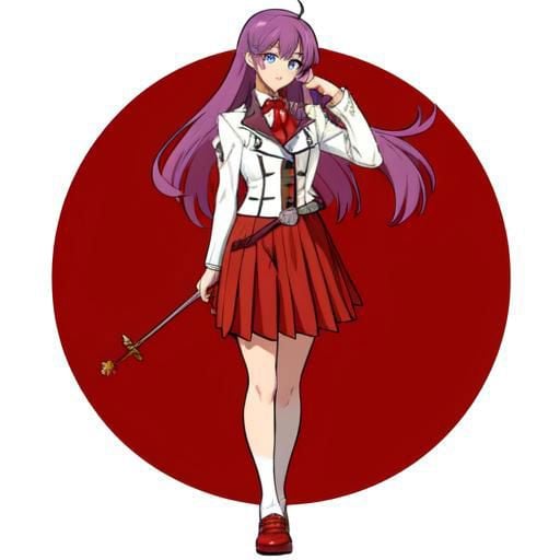 1girl, small breasts, purble hair, blue eyes, ranoa magic ranoa magic academy school uniform, blazer, buttons, buttoned cuffs, jacket, white jacket, cropped jacket, long sleeves, skirt, red skirt, pleated skirt, shoes, arm belt, ascot, red ascot, solo