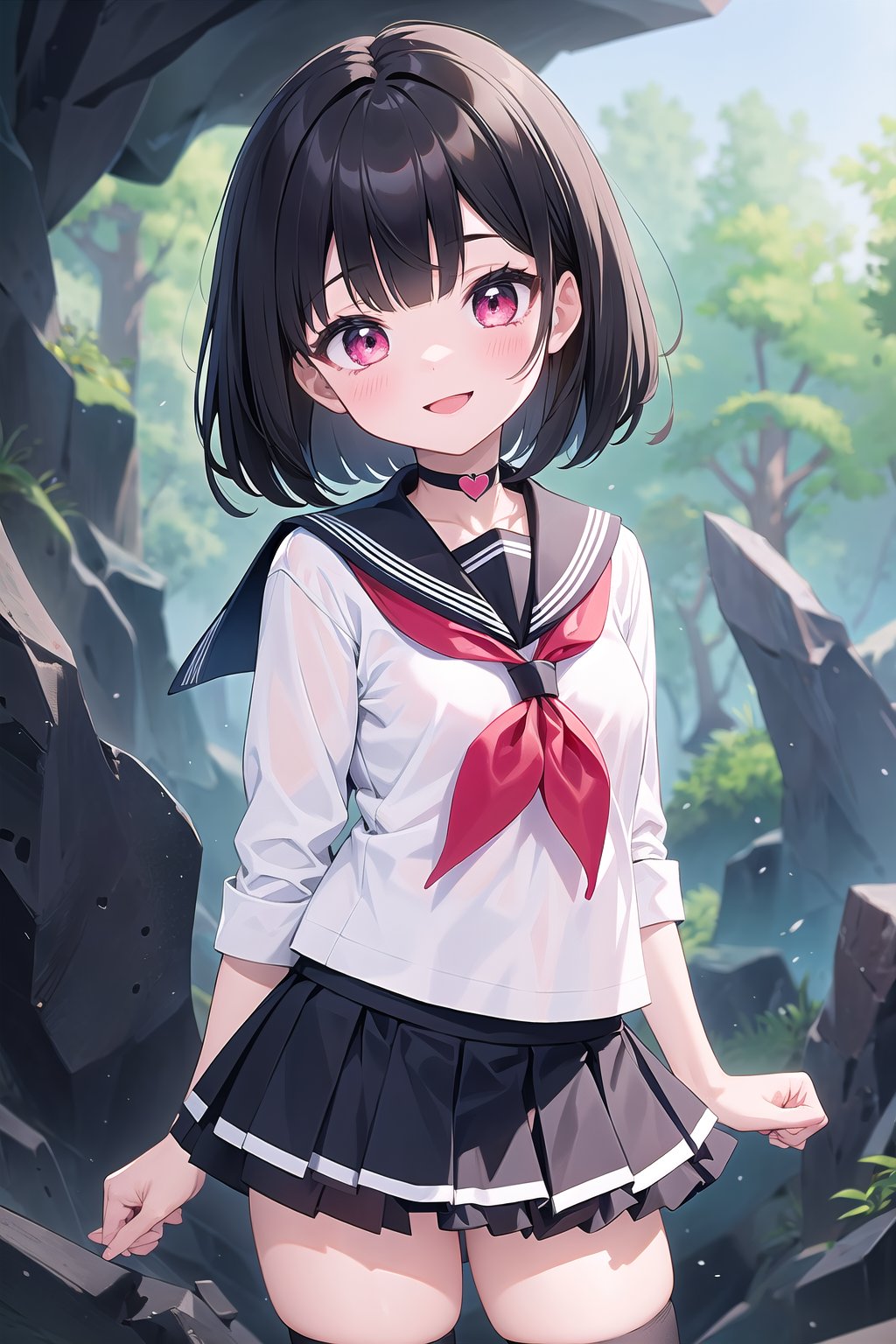 best quality, ultra-detailed, (1girl, solo, ,black hair,, serafuku, white shirt, short skirt, frilled skirt,  xheartchokerx, hcattached, smile, standing), in a crytal cave