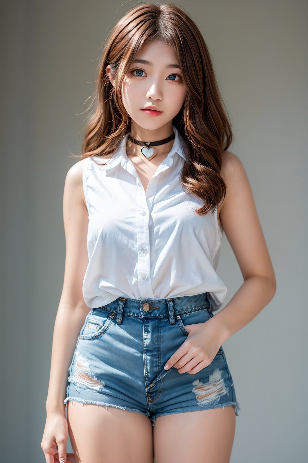 best quality, ultra-detailed, (1girl, solo, ,princeton hair, light brown hair, , xheartchokerx,hcpendant, sleeveless white shirt, denim shorts, :>, standing), in the distant past