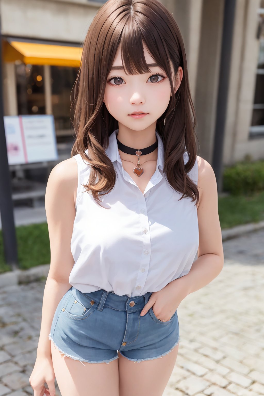 best quality, ultra-detailed, (1girl, solo, ,princeton hair, light brown hair, , xheartchokerx,hcpendant, sleeveless white shirt, denim shorts, :>, standing), in the distant past