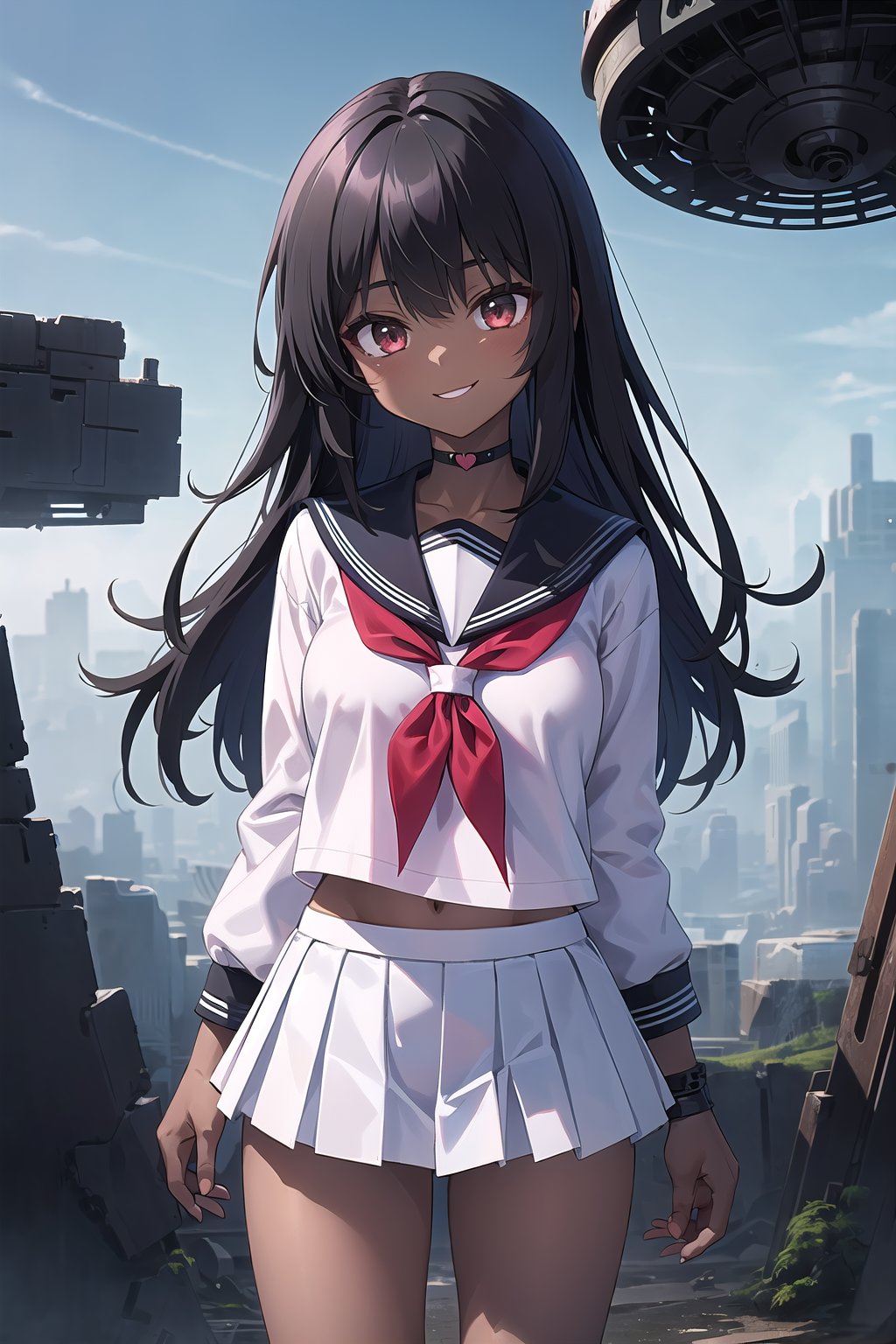 best quality, ultra-detailed, (1girl, solo, ,black hair,long hair,  xheartchokerx,hcattached, serafuku, white shirt, short skirt, frilled skirt, dark skin , smile, standing), in a dystopian landscape,xheartchokerx