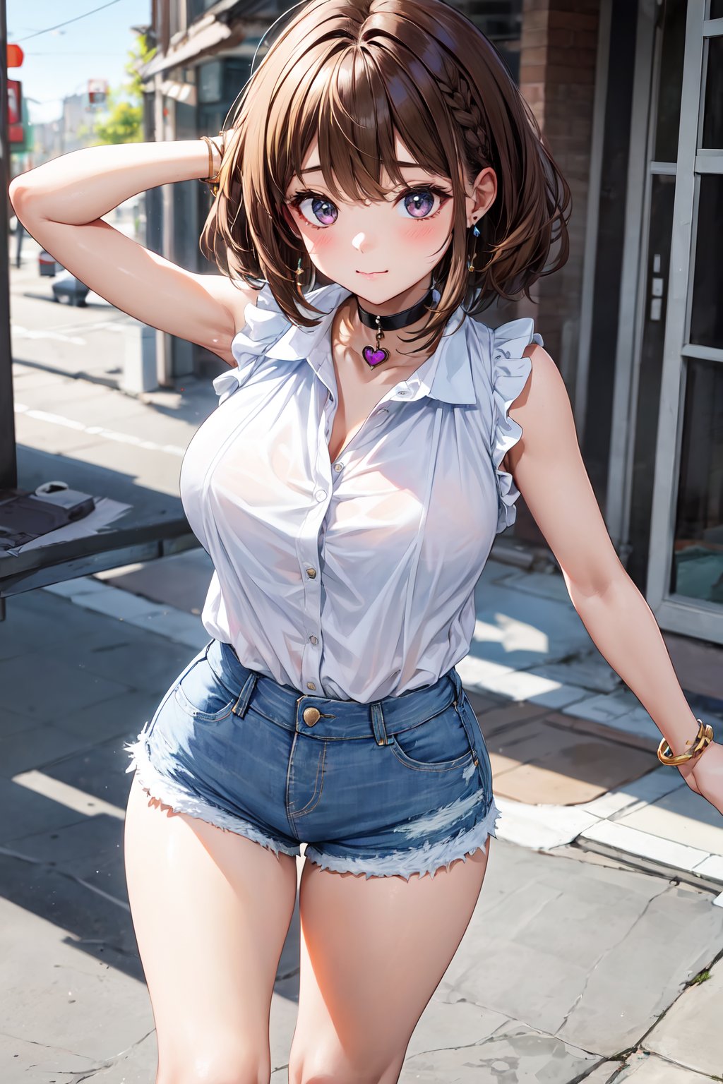 best quality, ultra-detailed, (1girl, solo, ,princeton hair, light brown hair, , xheartchokerx,hcpendant, sleeveless white shirt, denim shorts, :>, standing), in the distant past