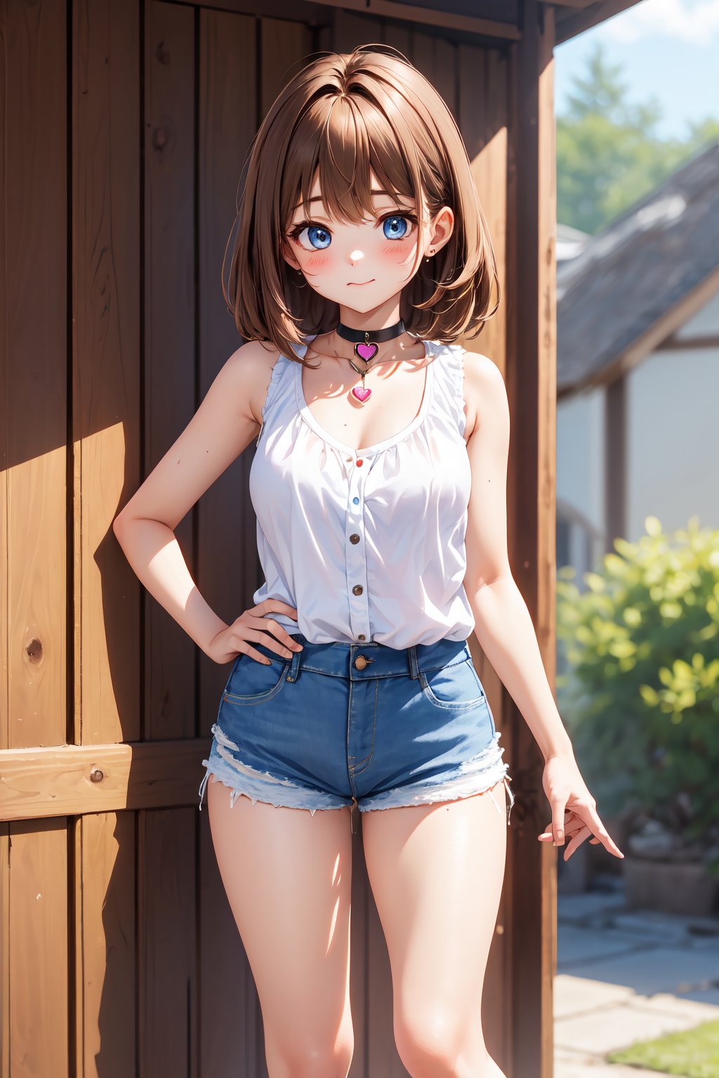 best quality, ultra-detailed, (1girl, solo, ,princeton hair, light brown hair, , xheartchokerx,hcpendant, sleeveless white shirt, denim shorts, :>, standing), in the distant past