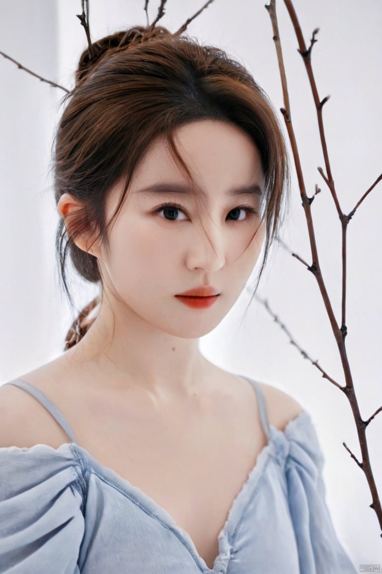 cinematic photo Photography style, master masterpiece, super detail, 1 young girl, model, delicate face, off shoulder, withered branches around, perfect body, white background, analog film, HD, 8k . 35mm photograph, film, bokeh, professional, 4k, highly detailed, liu yifei