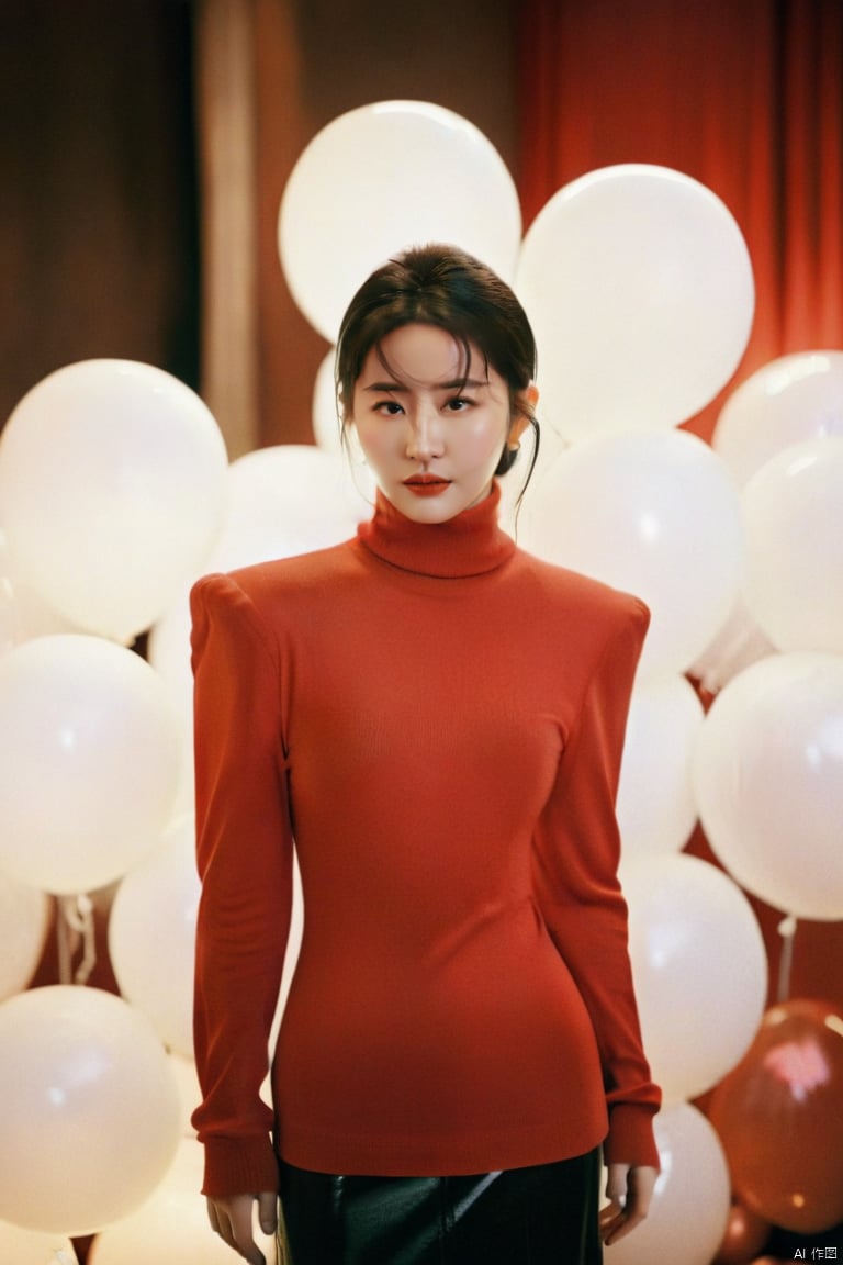  breathtaking cinematic film still,Cowboy_Shot,blouse,a cinematic fashion portrait photo of beautiful young woman from the 90s wearing a red turtleneck standing in the middle of a ton of white balloons,dramatic lighting,taken on a hasselblad medium format camera,looks like liuyifei,white balloon,shallow depth of field,vignette,highly detailed,high budget,bokeh,cinemascope,moody,epic,gorgeous,film grain,grainy . award-winning,professional,highly detailed,sc,monkren,, monkren, liu yifei