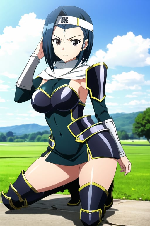 (best quality:1.1), (masterpiece:1.2), 1girl, solo, blue hair, headband, breasts, armor, thighboots, thick thighs, short hair, (pose), outdoors, miniskirt, kneeling, single hair intake