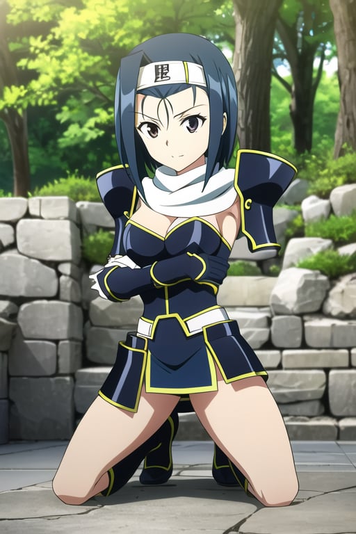 (best quality:1.1), (masterpiece:1.2), 1girl, solo, blue hair, headband, breasts, armor, thighboots, thick thighs, short hair, (pose), outdoors, miniskirt, kneeling, single hair intake