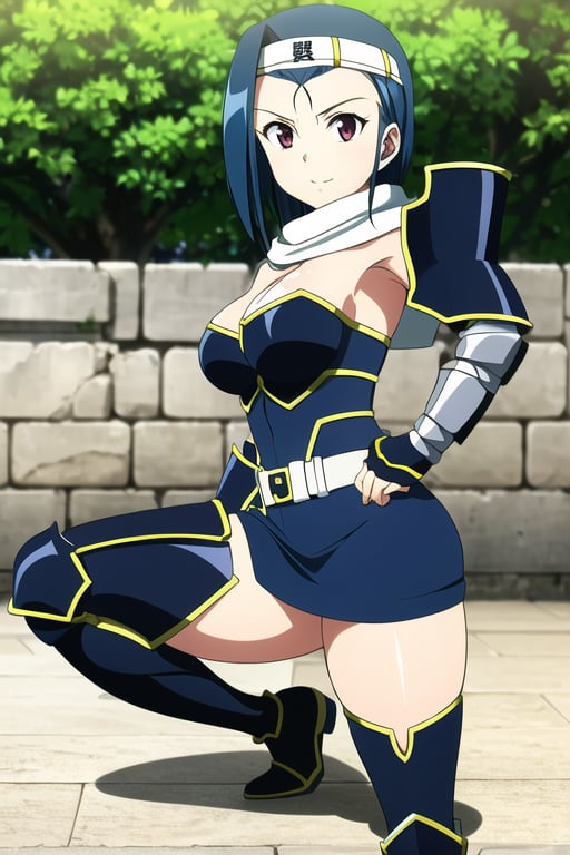 (best quality:1.1), (masterpiece:1.2), 1girl, solo, blue hair, headband, breasts, armor, thighboots, thick thighs, short hair, (pose), outdoors, miniskirt, one knee,Blue hair