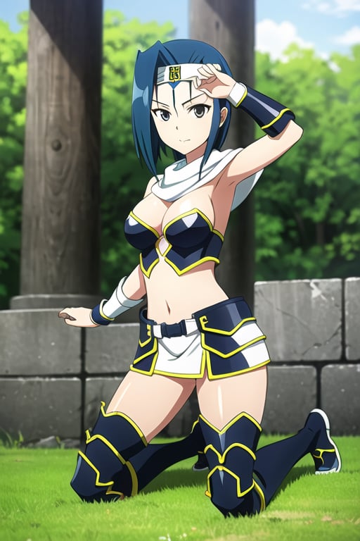 (best quality:1.1), (masterpiece:1.2), 1girl, solo, blue hair, headband, breasts, armor, thighboots, thick thighs, short hair, (pose), outdoors, miniskirt, kneeling