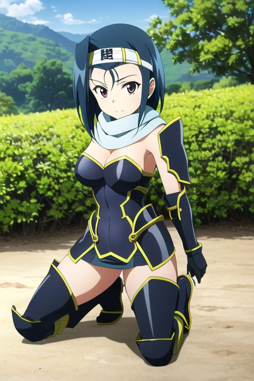 (best quality:1.1), (masterpiece:1.2), 1girl, solo, blue hair, headband, breasts, armor, thighboots, thick thighs, short hair, (pose), outdoors, miniskirt, kneeling, scarf, 