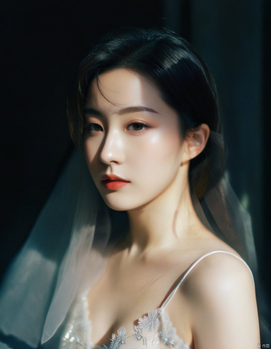  a girl close up,tyndall effect,wedding dress,foggy,dark shadow photography,surreal dramatic lighting shadow (lofi, analog),kodak film by Brandon Woelfel Ryan McGinley,
, xxmixgirl, sunlight, liu yifei