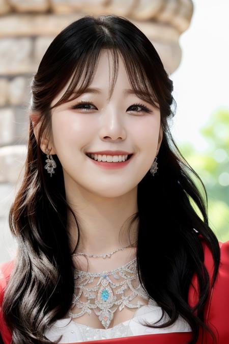 a fromisjiheon smiling, perfect eyes, (ultra realistic:1.2), (standing in castle:1.2), (close-up photo:1.5), (elegant royal dress:1.2), (intricate:1.2), (looking at camera:1.2), <lora:fromis9-jiheon-23-v2:1>