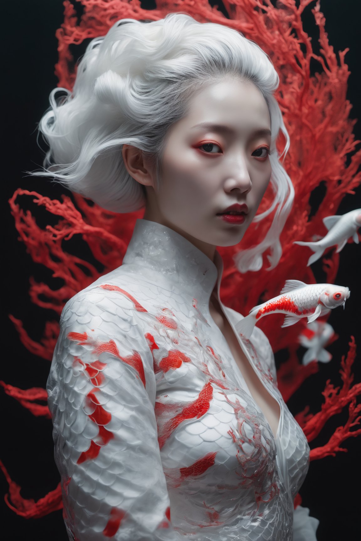 hoto RAW, (Black, dark red and neon pink : Portrait of 2 ghostly long tailed white koi, woman, shiny aura, highly detailed, red filigree, intricate motifs, organic tracery, Januz Miralles, Hikari Shimoda, glowing stardust by W. Zelmer, perfect composition, smooth, sharp focus, sparkling particles, lively coral reef background Realistic, realism, hd, 35mm photograph, 8k), masterpiece, award winning photography, natural light, perfect composition, high detail, hyper realistic,