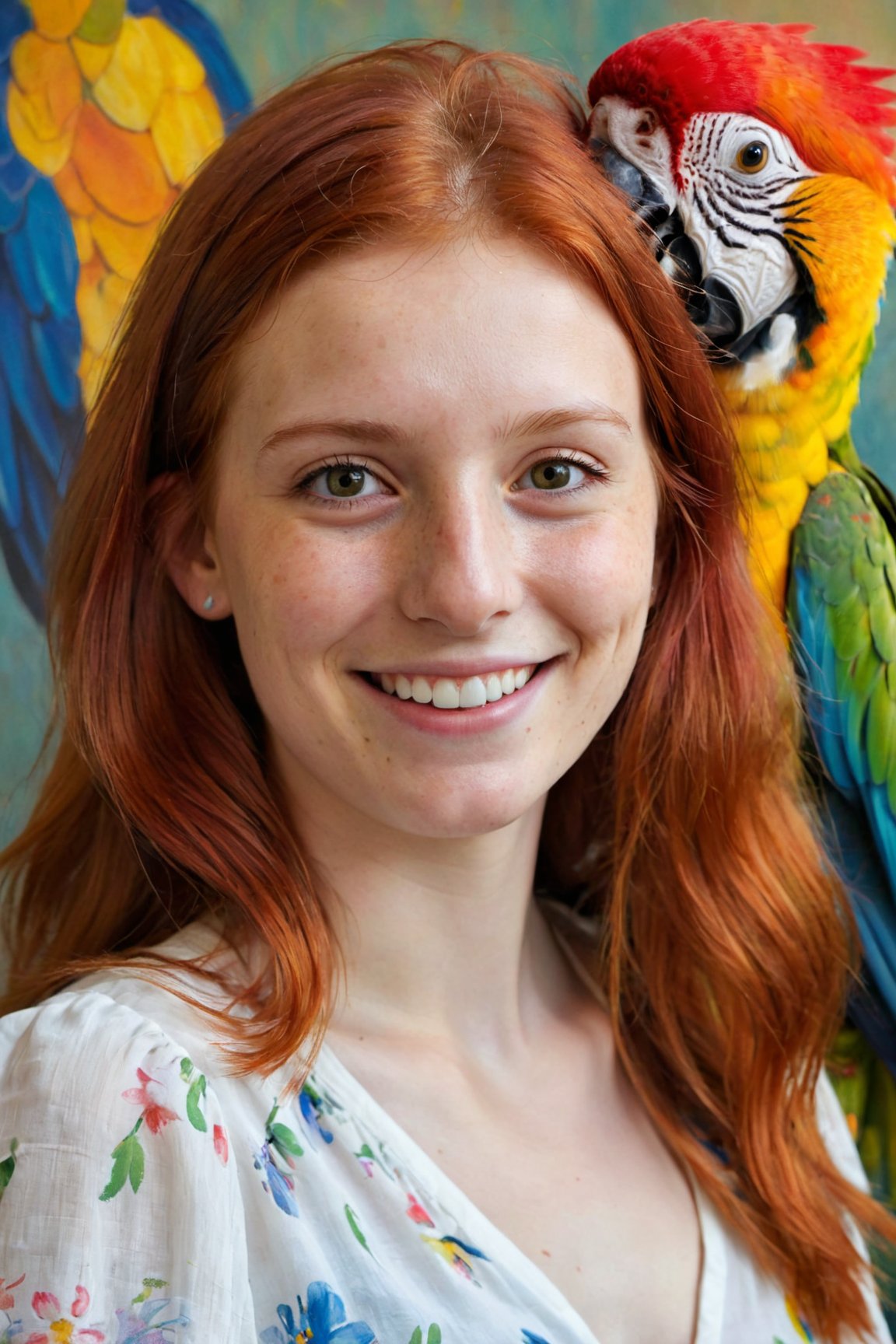 Portrait of Young girl, red hair, smiling, sunshine on her face show bright and shadow on her face, head turns to right a little bit, a colourful parrot on her head with wings up. Vague flowers background. Heavy oil texture. Morandi color whole picture.

