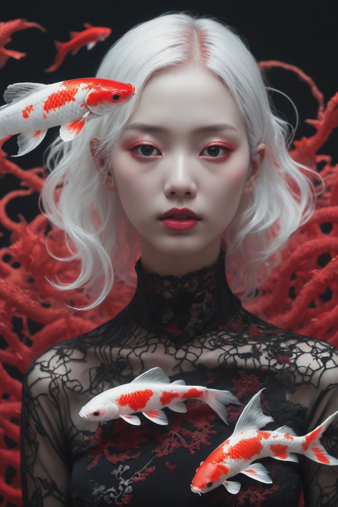 hoto RAW, (Black, dark red and neon pink : Portrait of 2 ghostly long tailed white koi, woman, shiny aura, highly detailed, red filigree, intricate motifs, organic tracery, Januz Miralles, Hikari Shimoda, glowing stardust by W. Zelmer, perfect composition, smooth, sharp focus, sparkling particles, lively coral reef background Realistic, realism, hd, 35mm photograph, 8k), masterpiece, award winning photography, natural light, perfect composition, high detail, hyper realistic,