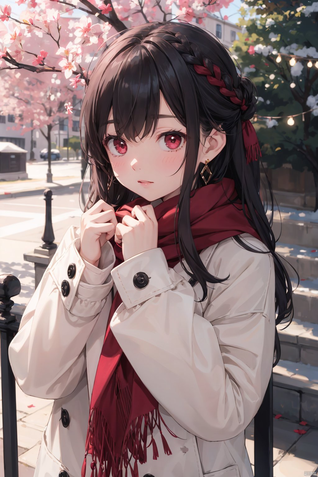 1girl, solo, long hair, blush, looking at viewer, black hair, outdoors, hair ornament, bangs, red scarf, blurry background, jewelry, earrings, blurry, long sleeves, scarf, jacket, braid, sleeves past wrists, hands up, closed mouth, open clothes, pink eyes, coat, upper body, day, red eyes, sweater, tree, railing