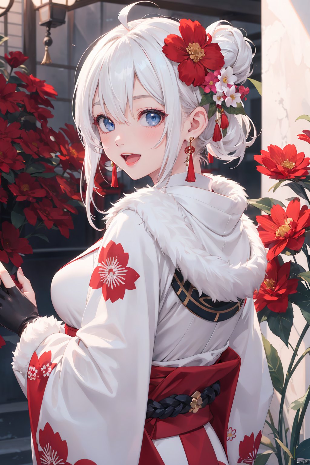 1girl, solo, blue eyes, long hair, smile, hair ornament, looking at viewer, flower, upper body, gloves, open mouth, hair flower, japanese clothes, blush, fingerless gloves, kimono, :d, blurry, braid, black gloves, bangs, earrings, hand up, blurry background, jewelry, red nails, white hair, fur collar, breasts, red flower, nail polish, ahoge, hair between eyes, long sleeves, tassel, floral print, depth of field, white kimono, fur trim, medium breasts, looking back, print kimono