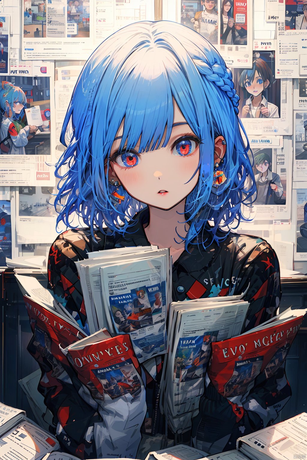  paper background, 1girl, looking at viewer, solo, jewelry, earrings, holding, red eyes, bangs, blush, braid, jacket, upper body, long sleeves, parted lips, blue hair, indoors, book, long hair, paper, medium hair, shirt