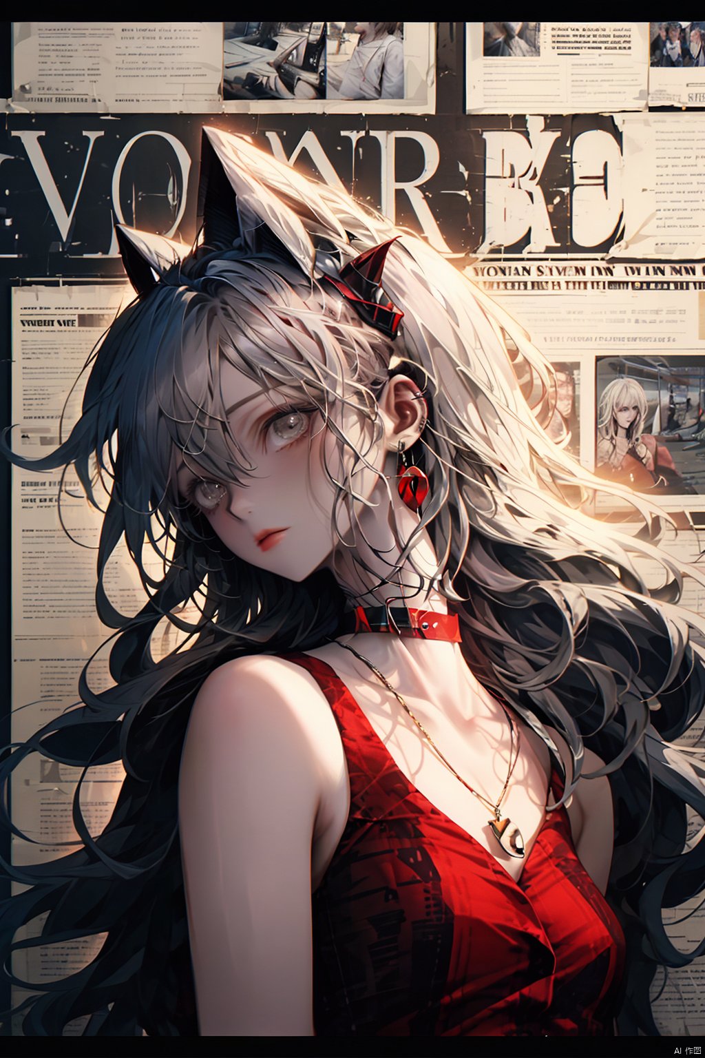  paper background, 1girl, long hair, solo, jewelry, looking at viewer, earrings, upper body, red choker, grey eyes, hair between eyes, bangs, choker, bare shoulders, closed mouth, hair intakes, dress, wavy hair, sleeveless, necklace, grey hair, white hair, letterboxed, looking back, head tilt