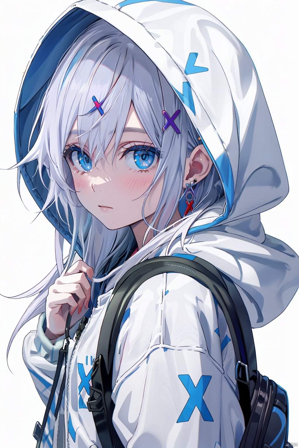 1girl, hood, solo, blue eyes, looking at viewer, long hair, hair ornament, white background, earrings, blush, jewelry, upper body, simple background, bangs, closed mouth, bag, hood up, white hair, hair between eyes, jacket, x hair ornament, hooded jacket, holding, from side, hoodie, backpack, hand up, looking to the side