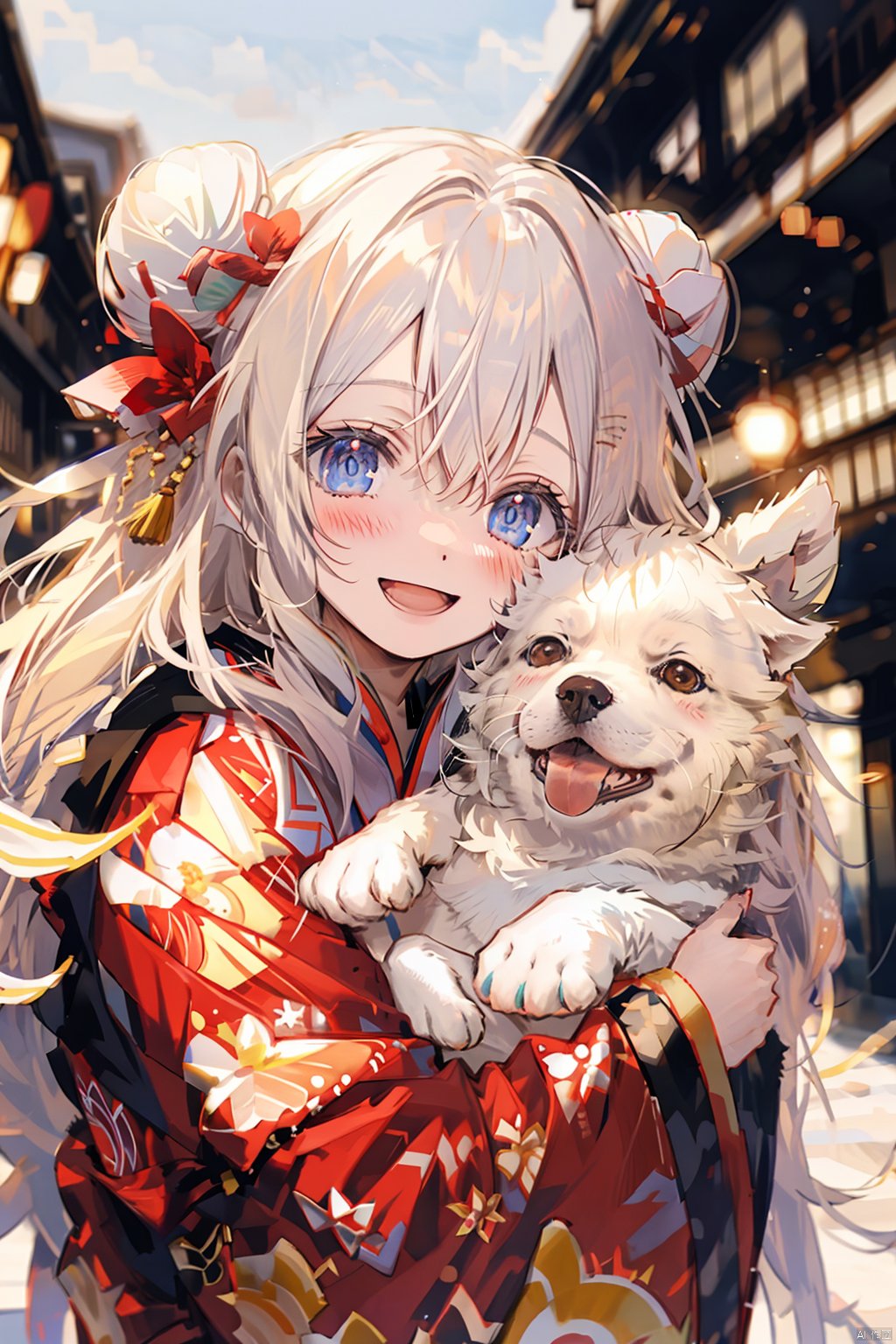 1girl, blue eyes, smile, long hair, blush, looking at viewer, japanese clothes, animal, open mouth, bangs, hair bun, kimono, dog, solo, hair between eyes, upper body, :d, long sleeves, red kimono, bow, hair bow, outdoors, holding, blurry background, wide sleeves, double bun, hair ornament, blurry, holding animal, animal hug, red bow, print kimono, white hair, hair flower