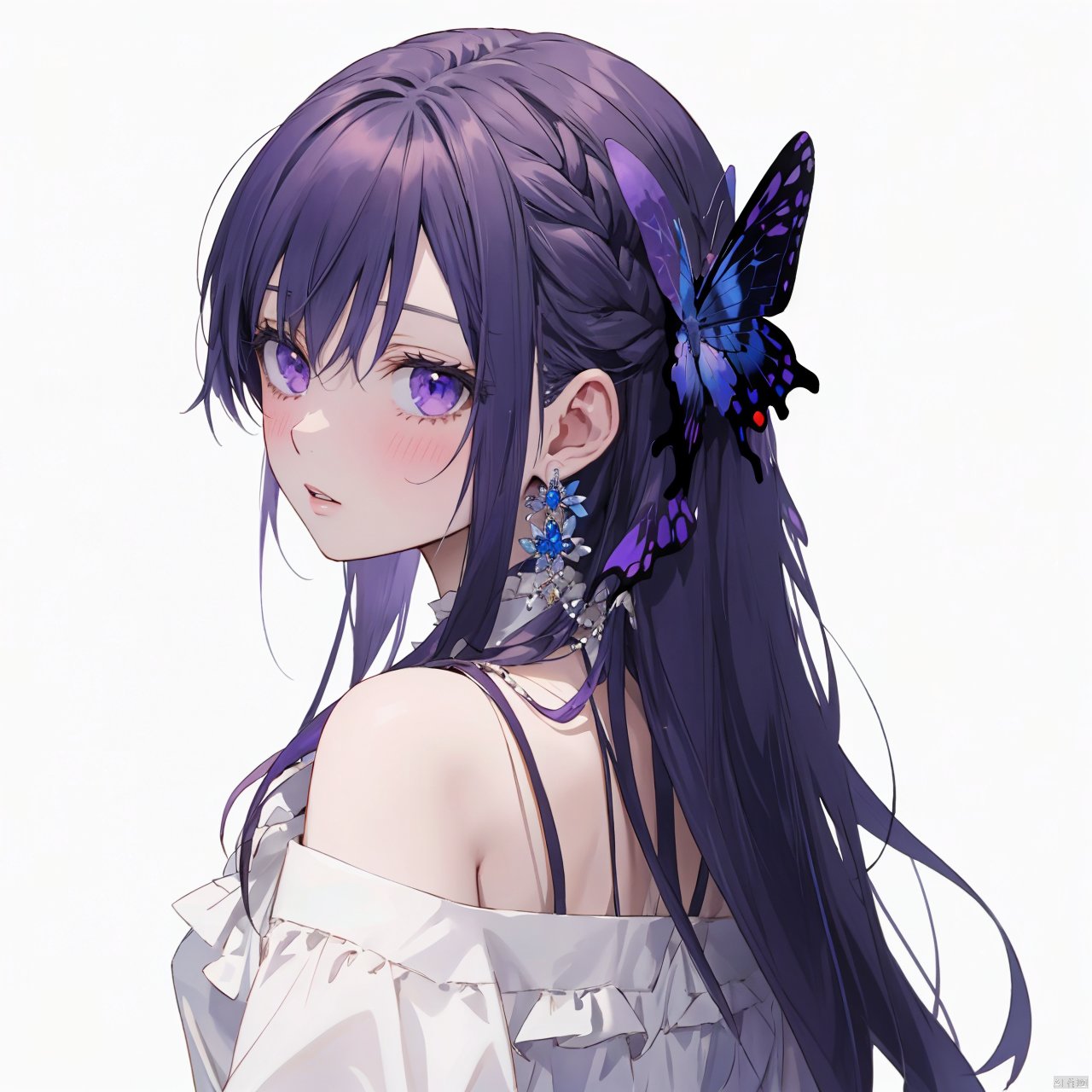  anime style,anime screen,1girl, solo, purple eyes, long hair, white background, looking at viewer, jewelry, simple background, earrings, blush, white hair, bangs, braid, upper body, bare shoulders, looking back, parted lips, off shoulder, hair ornament, ribbon, long sleeves, shirt, dress, hair ribbon, white shirt, frills,(butterfly)