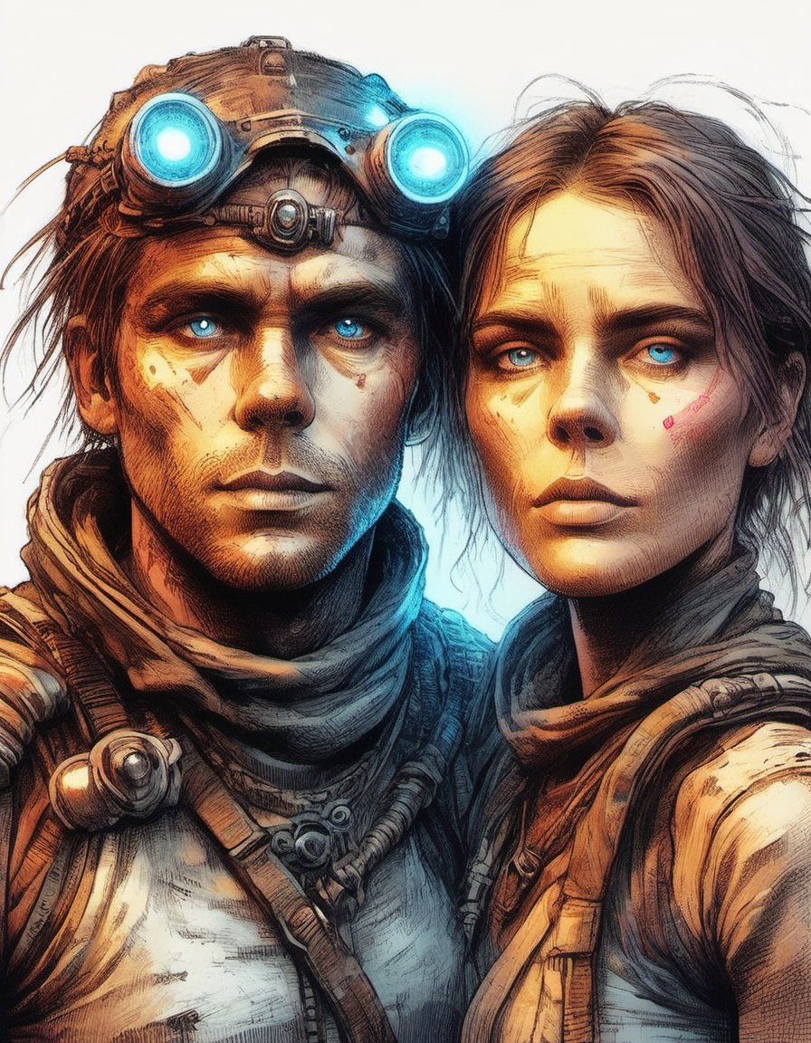 bright closeup portrait of adult mad max survivalist siblings with a white background high key lighting situation with colored rim light and eyes catch lights beautiful ethereal sci-fi