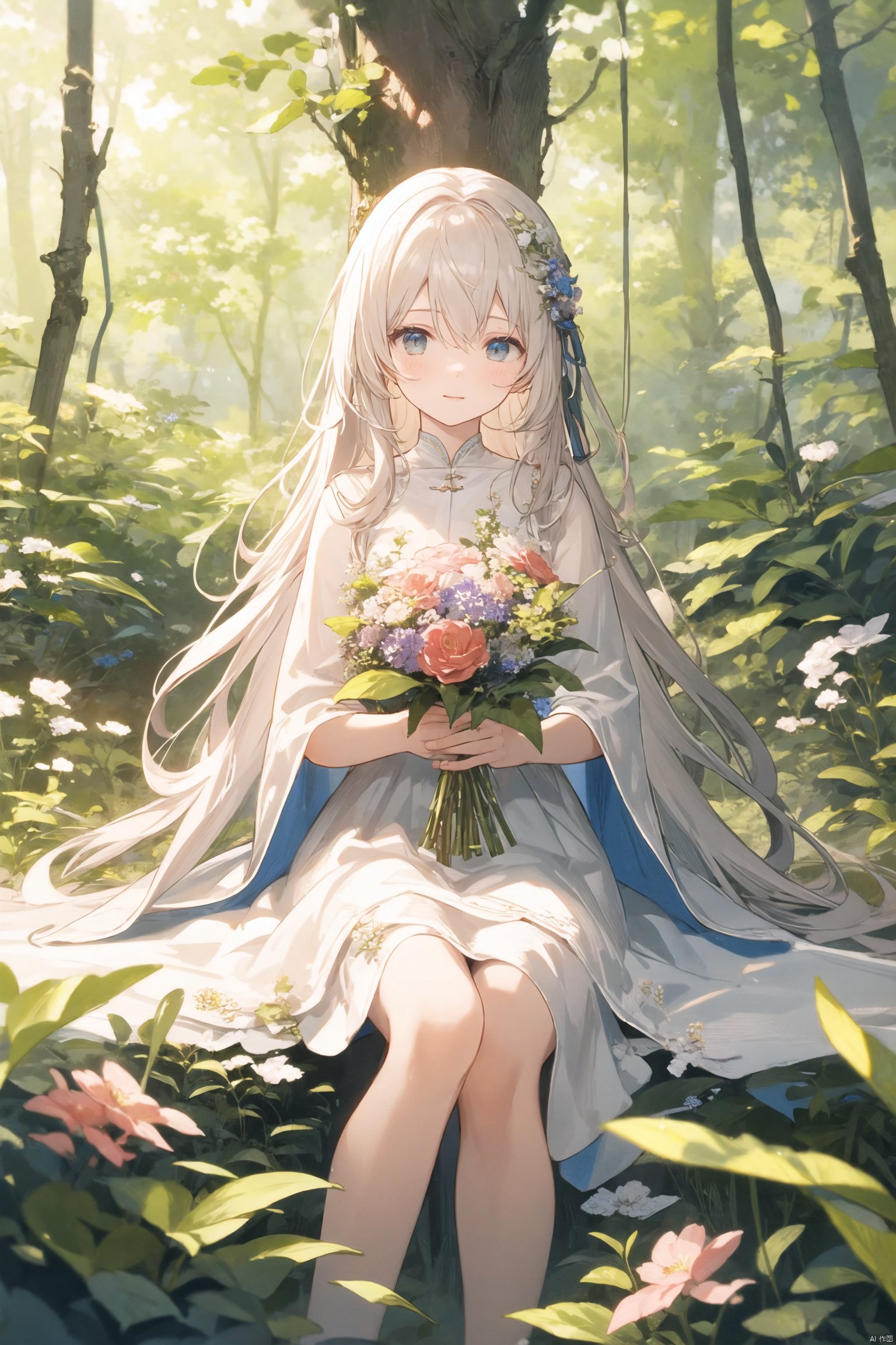  masterpiece,best quality,ï¼ 1girl, sitting on grass, flowers, holding flowers, warm lighting, white dress, blurry foreground, (forest:1.5)