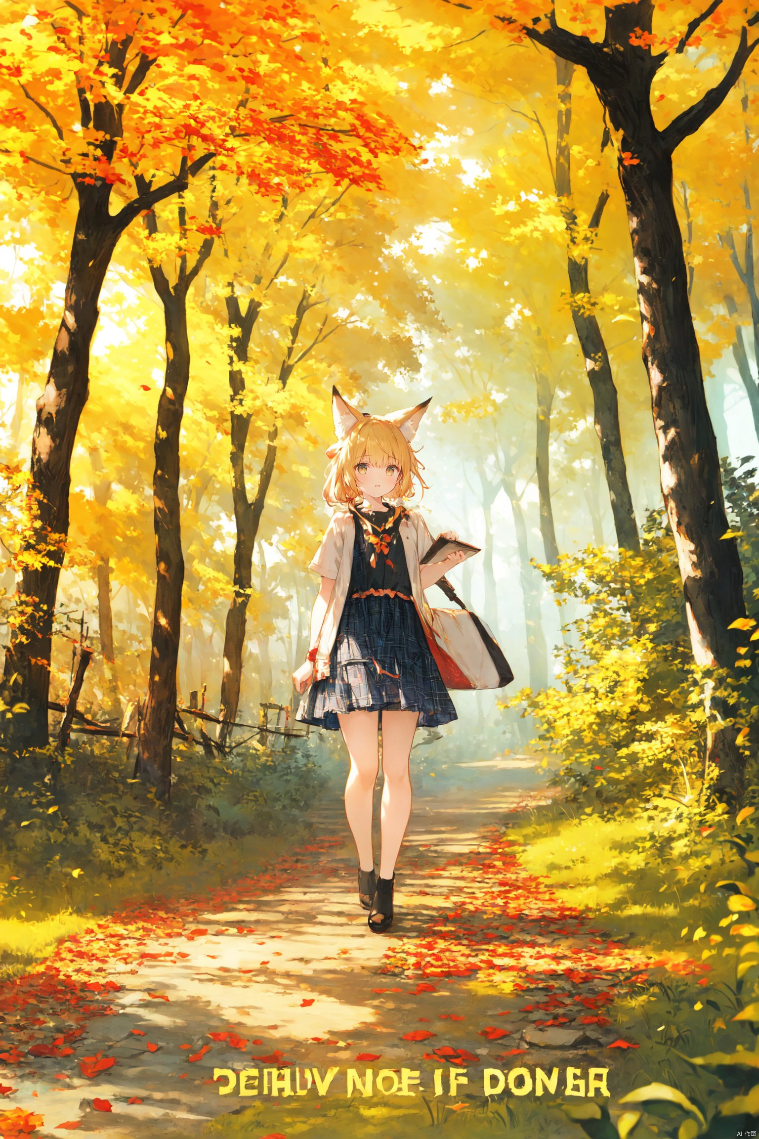  1girl, solo, looking at viewer, sitting, fox ears, full body, strappy heels,plaid shirt, short sleeves,jacket, bow, bangs, low ponytail, blonde hair fox tail, fox girl, kitsune, ((autumn, outdoors, day, forest, falling leaves, bird, leaf)), (fog, dyntall effect), (wide shot, panorama, full body, depth of field),(movie poster,english text),(Flagstone road,branches)