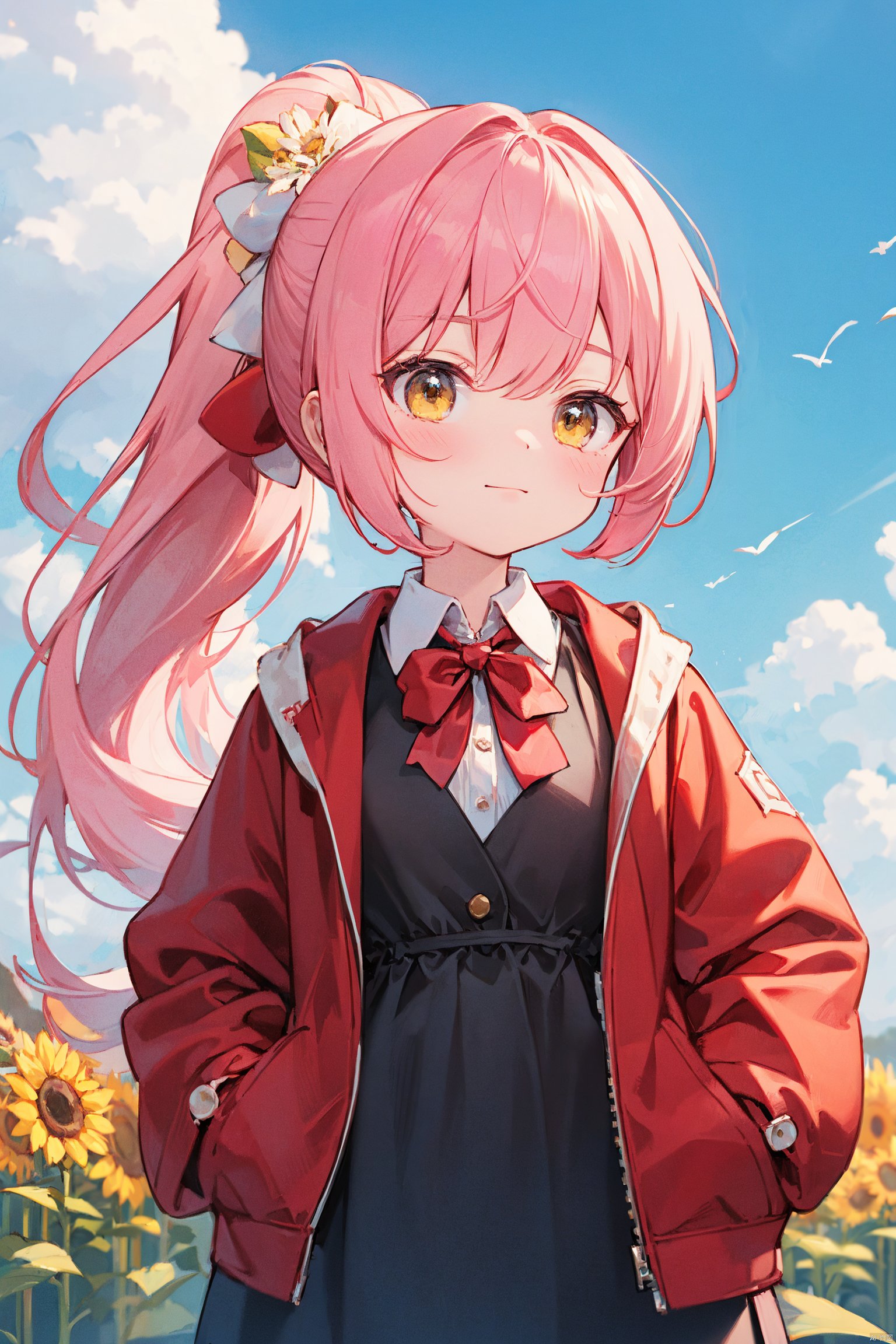  (best quality), ((masterpiece)), (highres),standing,original, extremely detailed wallpaper, (an extremely delicate and beautiful),(loli：1.2),(petite:1.2),Pink hair,Yellow eyes, (red Jacket),high ponytail,white collared shirt,hair flower,fipped hair,floating hair,Frown,hands in pockets,black dress,red bowtie,(solo),sky, skyline, skyscraper, smile, solo, sunflower, tower, upper_body,white flower
