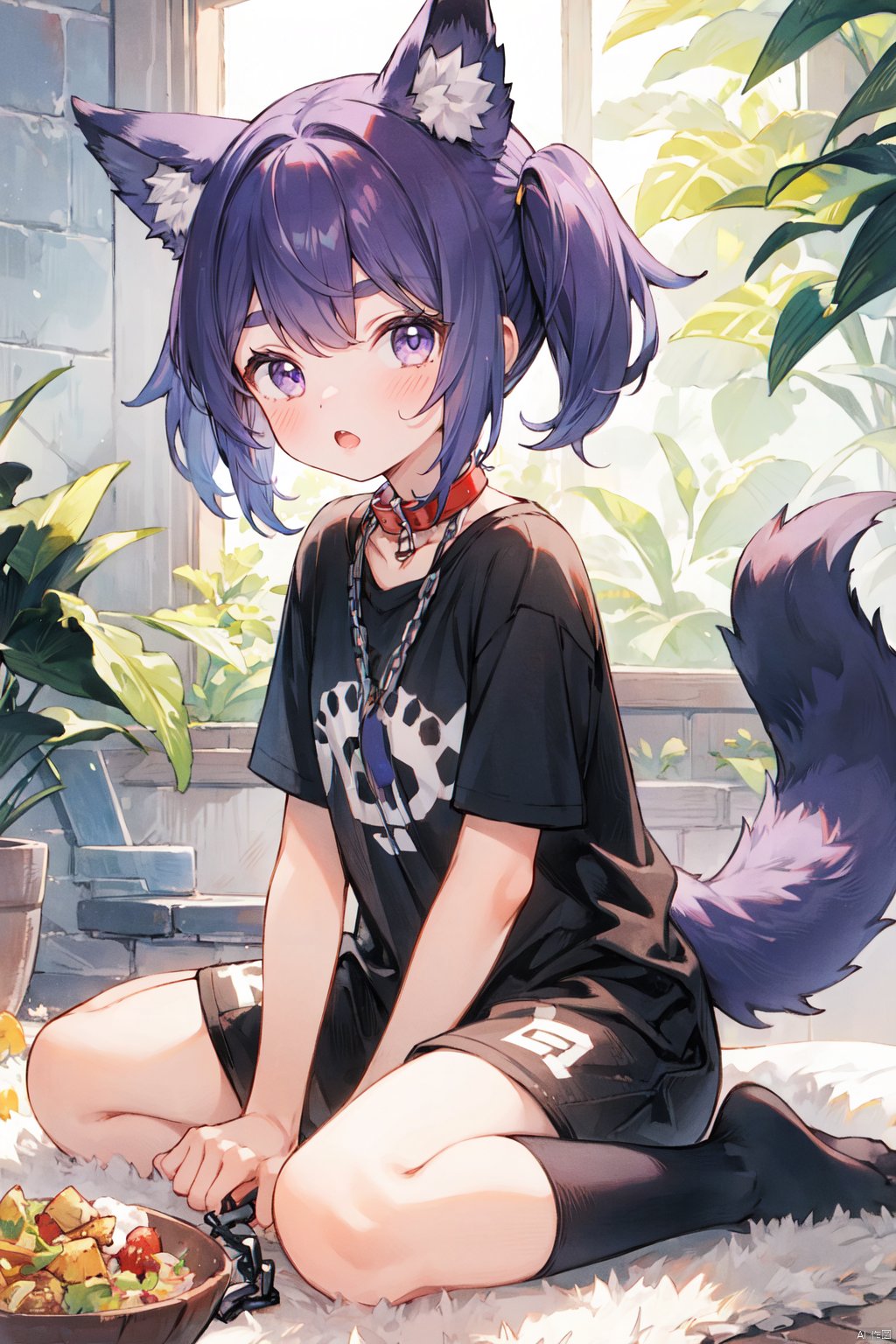  bone, animal ears, 1girl, tail, dog ears, dog tail, solo, ball, purple hair, pet bowl, collar, soccer ball, mouth hold, chain, sitting, leash, shirt, dog girl, looking at viewer, wariza, purple eyes, animal collar, bangs, black shirt, socks, food, short hair, bowl, thick eyebrows, twintails