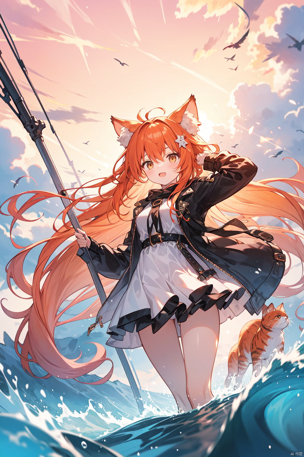  1girl,solo.orange cat girl,cat likely,animal ears,long hair,floating hair,hair flowing over,messy hair,big hair, sunset,from below