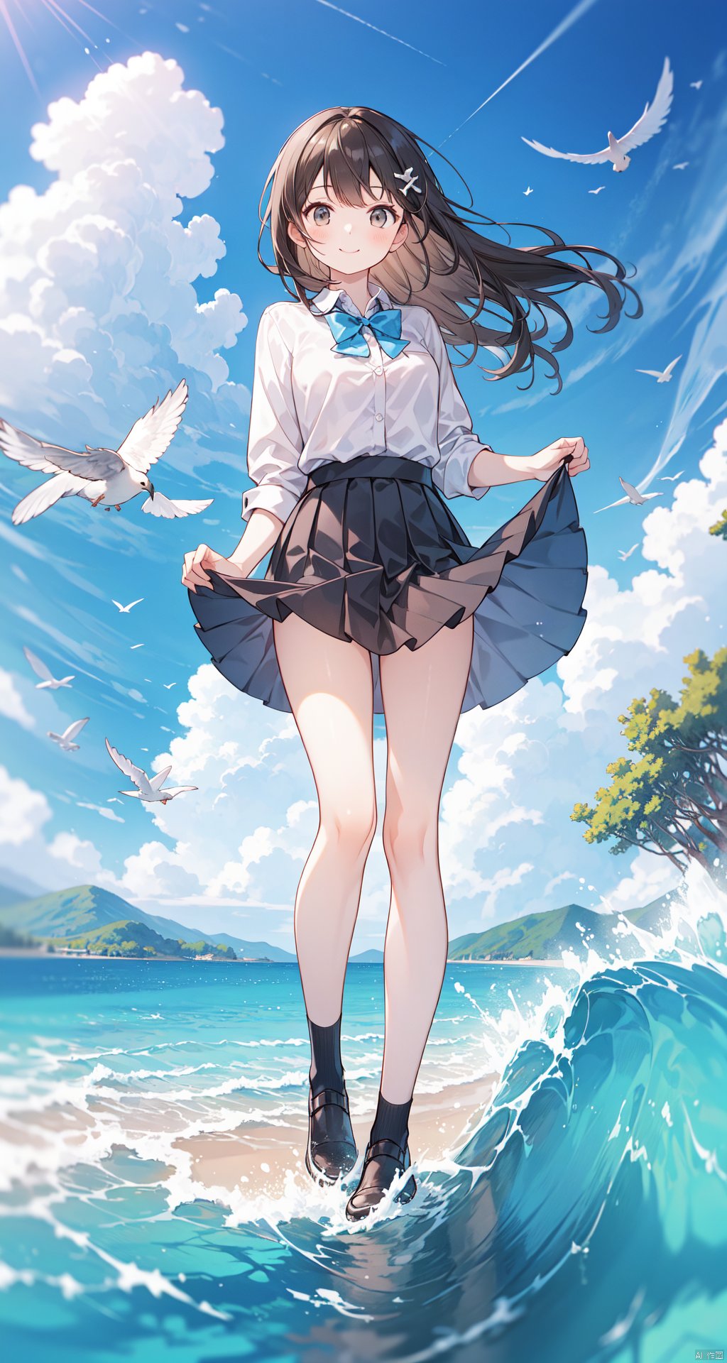  1girl, aircraft, airplane, animal, beach, bird, black_skirt, blue_bow, blue_sky, boat, bow, bowtie, brown_hair, cloud, cloudy_sky, copyright_name, crow, day, dolphin, dove, feathers, fighter_jet, fisheye, floating_hair, flock, flying, horizon, lake, long_hair, looking_at_viewer, mountain, ocean, outdoors, pleated_skirt, school_uniform, seagull, ship, shirt, shoes, skirt, sky, smile, solo, standing, standing_on_liquid, warship, water, watercraft, waves, white_feathers, white_shirt, wind, wind_lift