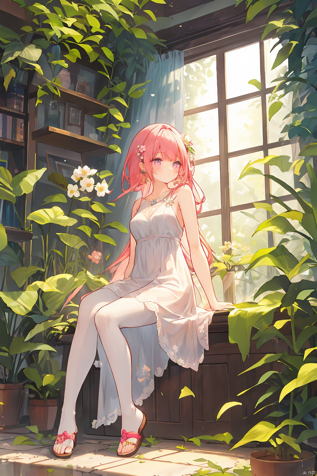  1girl, artist_name, bangs, bare_arms, bird, dress, flower, full_body, jewelry, leaf, long_hair, pink_hair, plant, sandals, signature, white pantyhose