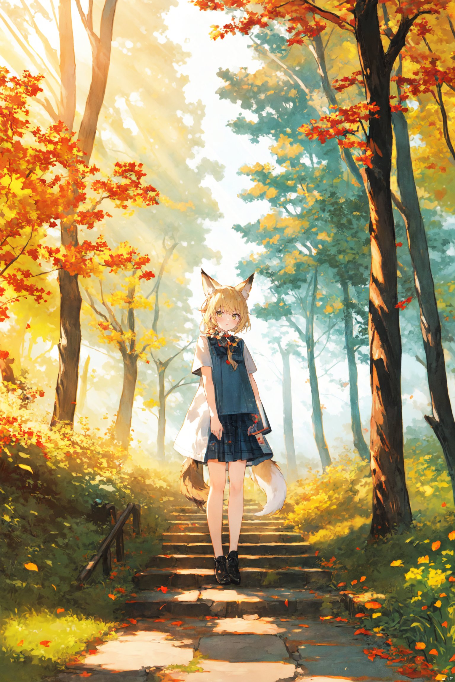  1girl, solo, looking at viewer, sitting, fox ears, full body, strappy heels,plaid shirt, short sleeves,jacket, bow, bangs, low ponytail, blonde hair fox tail, fox girl, kitsune, ((autumn, outdoors, day, forest, falling leaves, bird, leaf)), (fog, dyntall effect), (wide shot, panorama, full body, depth of field),(movie poster,english text),(Flagstone road,branches)
