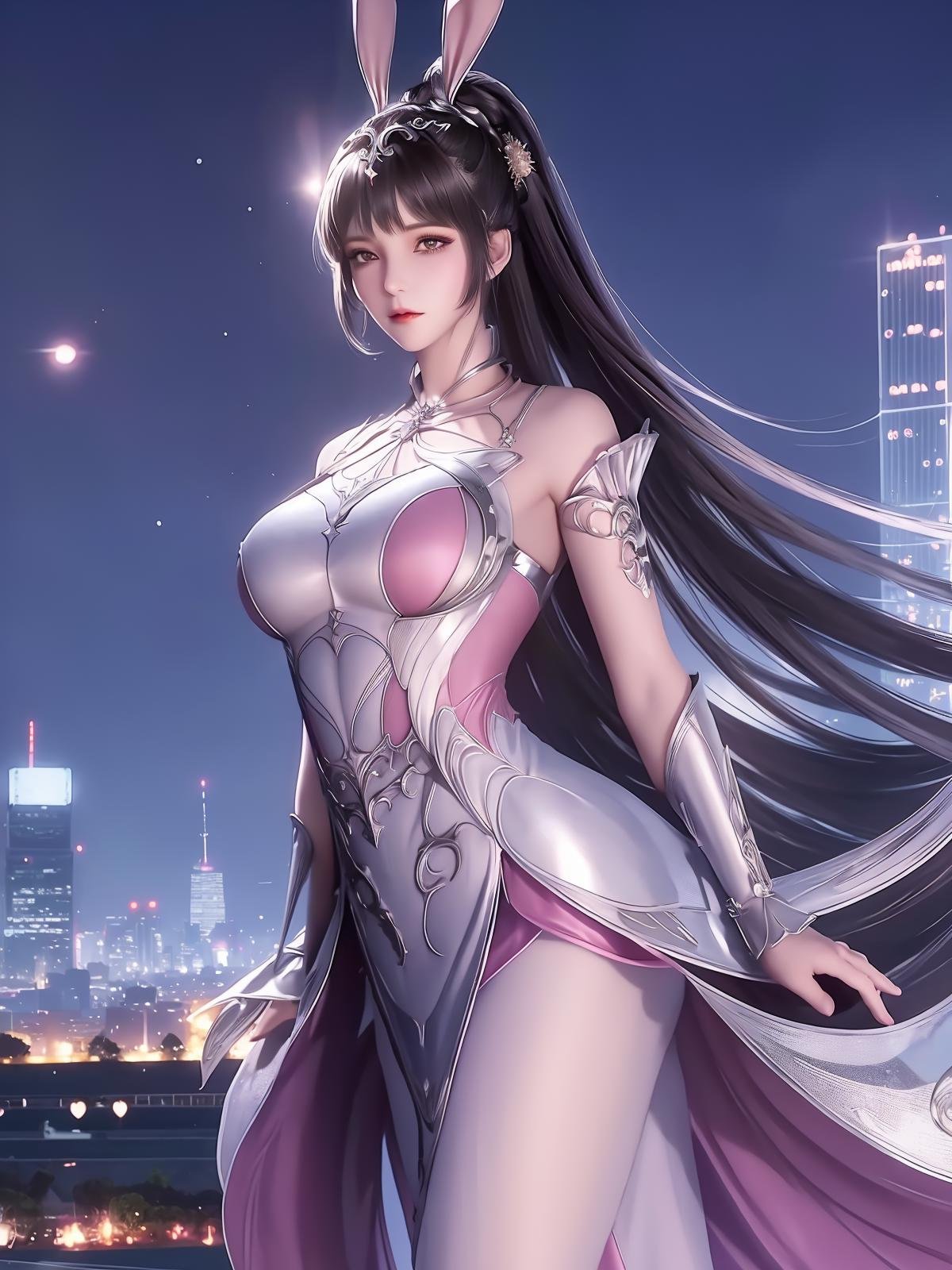 1girl,rabbit ears,long dress,long hair, hair ornament, ponytail, collar,metal collar,shiny,cityscape, night, looking at viewer, mature female,pantyhose,arms behind back,cowboy shot,<lora:XWdldl_20230723020005-000018:0.75>