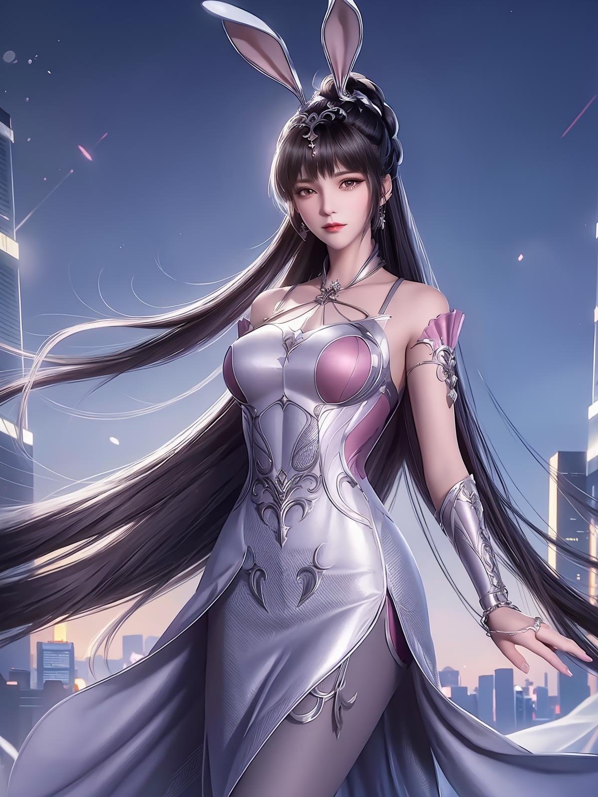 1girl,rabbit ears,long dress,long hair, hair ornament, ponytail, collar,metal collar,shiny,cityscape, night, looking at viewer, mature female,pantyhose,arms behind back,cowboy shot,<lora:XWdldl_20230723020005-000018:0.75>