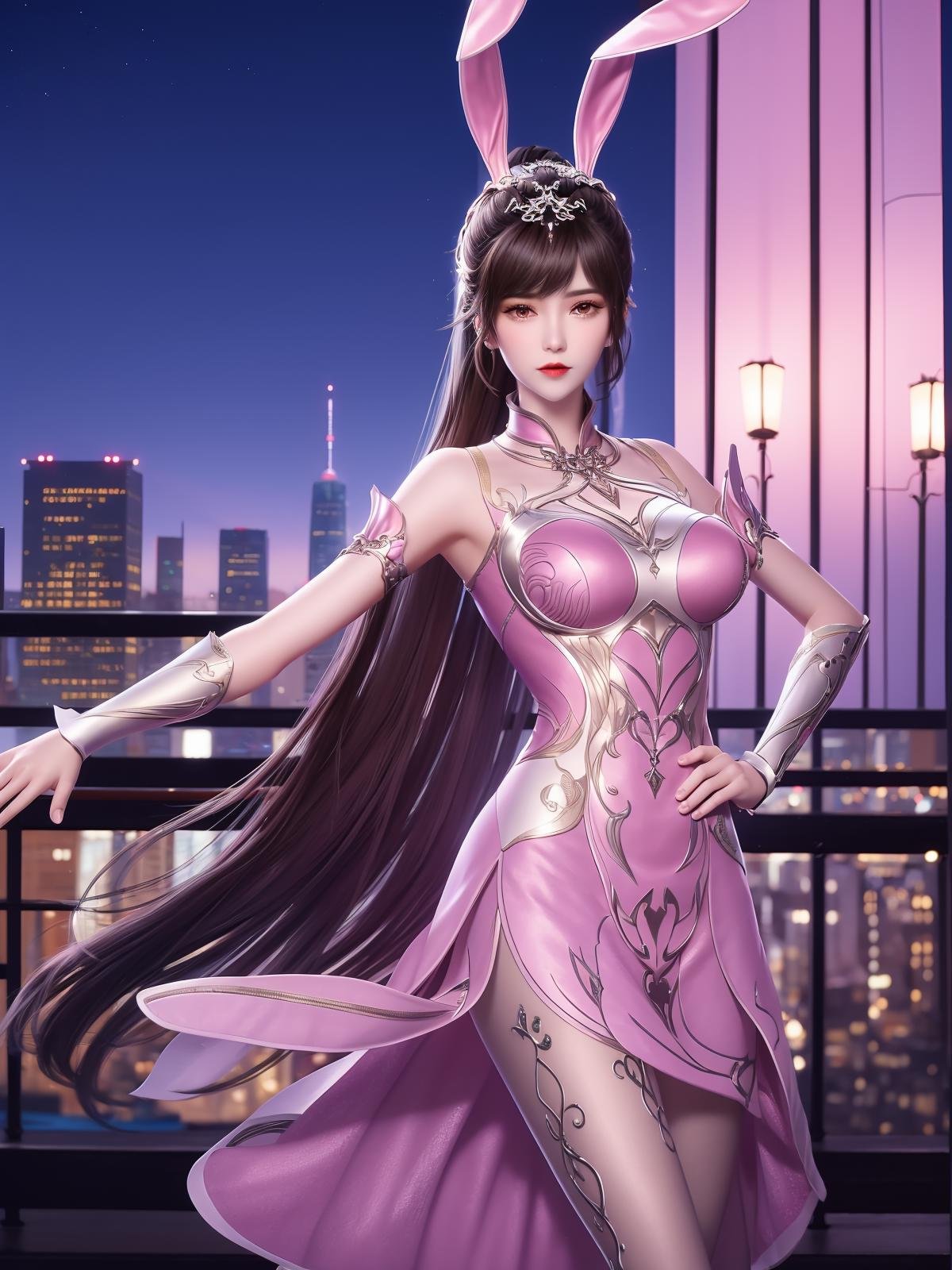 DLDLxiaowu, 1girl,solo, rabbit ears, pink dress, long hair, brown hair, hair ornament, ponytail, metal collar,pantyhose,wrist cuffs,looking at viewer,<lora:DLDLxiaowu:0.75>,mature female, cityscape, night, hand on hip,upper body, 