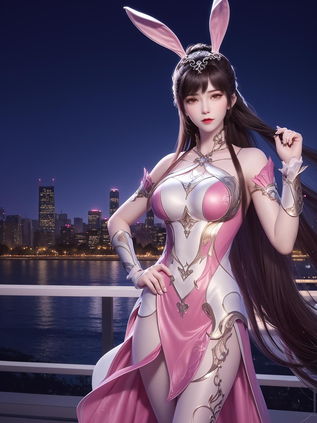 DLDLxiaowu, 1girl,solo, rabbit ears, pink dress, long hair, brown hair, hair ornament, ponytail, metal collar,wrist cuffs,looking at viewer,<lora:DLDLxiaowu:0.75>,mature female, cityscape, night, hand on hip,cowboy shot, 